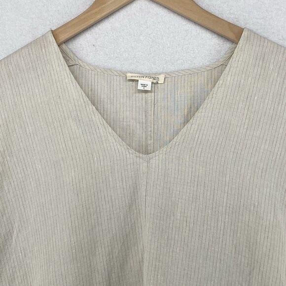 EILEEN FISHER Tunic Top S Linen Striped V-neck Kaftan Cover Up Beige - Picture 2 of 10